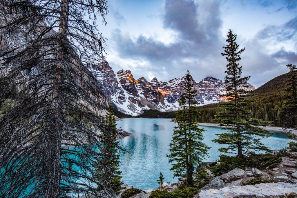 Famous Moraine Lake seen from the Rockpile at Sunrise
