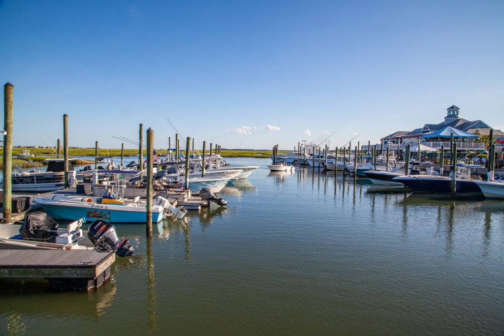 Image is of boats docked at the harbour at Murrel's Inlet, South Carolina
